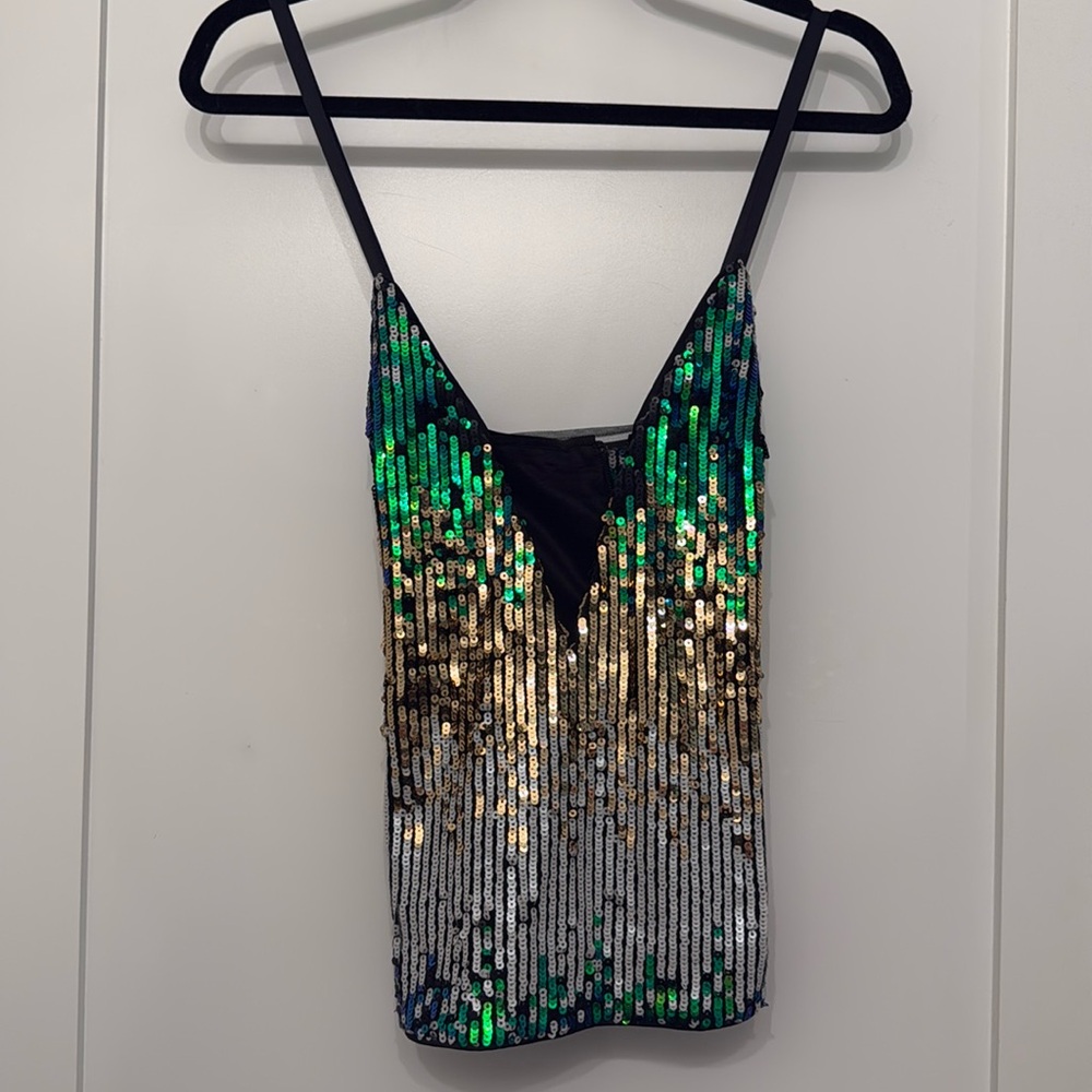 Sequined Bebe tank. Size 6, multicolored - blue, green, white, and gold.